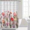 Floral Shower Curtain, White Brick Wall Pink Wildflower Waterproof Curtain
