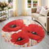 Floral Striped Round Area Rug 7ft, Distressed Black Centre Petal Washable Bright Red Circle Rug for Bedroom, Low-Pile Soft Round Carpet for Living Room, Ideal for High Traffic Areas in Entryway