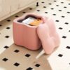 Flower-Shaped Leather Ottoman with Storage Wooden Frame Shoe Bench Multi-Purpose Footstool for Living Room Vanity Lightweight