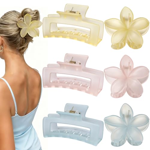 Flower Hair Clips for Women Square Claw Clips for Girls 2 Styles Hair Claw Clips for Thick or Thin Hair 6 PCS Hawaiian Hibiscus Rectangle Large Plumeria Medium Hair Accessories for Women (Ice Cream)
