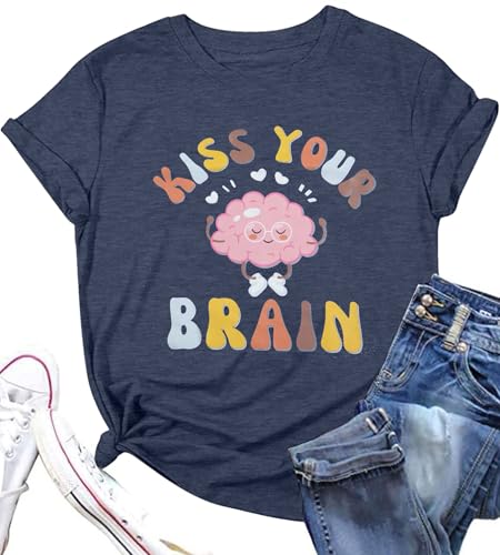 FLOYU Women Teacher Shirts Kiss Your Brain Teacher Shirt Special Education Teacher Tops Casual Teacher Life Clothes Dark Blue