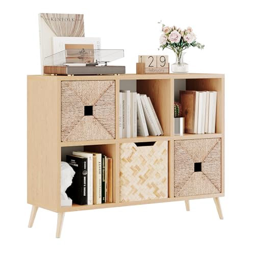 Flrrtenv 6 Cube Storage Organizer, Wood Bookcase with Legs, Modern Freestanding Cubby Shelving Unit, Book Shelf Toy Storage Cabinet for Bedroom, Living Room, Kids Room, Fits 11 Inch Bins, Natural