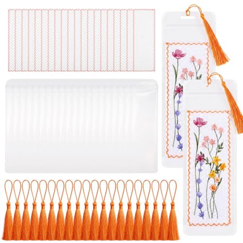 Flutesan 60 Pcs Blank Cross Stitch Bookmark Making Kit Include Cotton Blank Bookmarks with Clear Bookmark Sleeve and Tassel Cross Stitch Kit for DIY Craft Reading Book Lovers Gift Party Favor(Orange)
