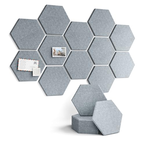 Fluxynara Hexagon Cork Board Alternative for Walls Decor-12-Pack Felt Bulletin Board Tiles,with 30 Pushpins,70 Adhesive Tabs for Office,Classrooms & Home Pin Board Felt Board-Blue Gray