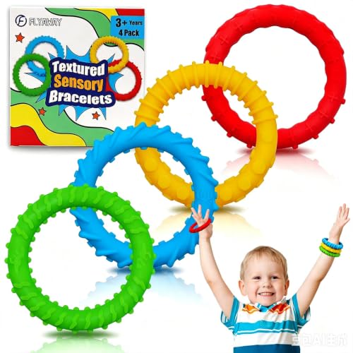 Flyaway Sensory Toys for Kids with Autism 4 Pack, Fidget Bracelet for Toddler Adults with ADHD Anxiety Textured Silicone, Oral Motor Aids Sensory Bracelet for Boys Girls Chewing Fidgeting