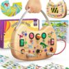 flycoost Montessori Busy Board for Baby, Busy Board for Toddlers Toys, Wooden Autism Sensory Toys with Animal Cards, Dinosaur Stickers, Toddler Educational Activity Travel Toys for Boys and Girls 1+