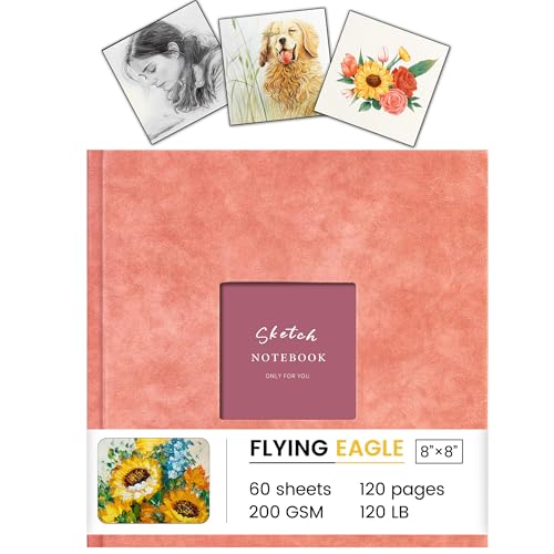 FLYING EAGLE Sketchbook for Drawing 8 x 8 Hardcover Sketch Book, 200GSM Thick Paper, Square Art Drawing Book with 3 DIY Cards Mixed Media Watercolor Paper Gift for Women Adults Artist, Pink