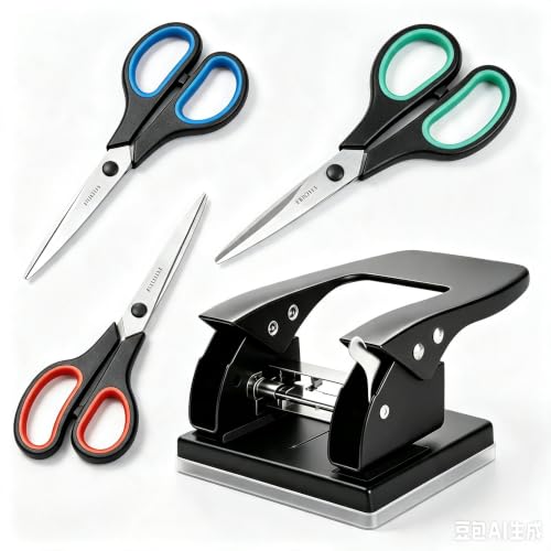 FNLIOTUY 3-Pack 8" Scissors & 2-Hole Paper Punch Bundle – Ultra Sharp Shears + 30-Sheet Puncher for Office Home School & Craft