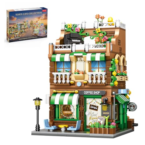 FNSJFYZS Coffee Shop Building Blocks Set, 724 PCS City Streetscape Model Kit, Creative Coffee House Architecture Collection, Display Home Decor, Ideal Gift for Teens and Adults