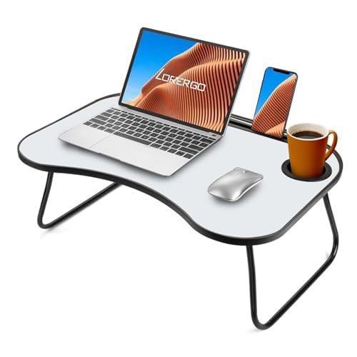 Foldable Laptop Desk with Cup Holder, Gray & White, 26.5 Inch Work Surface, Metal and Wood Construction, 26.5 Inch Work Surface, for Bed and Couch, Designed for Everyday Home Setup