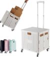 Foldable Utility Cart Folding Portable Rolling Crate Handcart with Durable Heavy Duty Plastic Telescoping Handle Collapsible 4 Rotate Wheels for Travel,Shopping, Luggage, Office, Teacher(White)