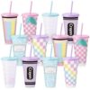 FoldTier 12 Pack Back to School Gift for Teacher, 24 oz Plastic Tumblers with Lids and Straws, Welcome Back Cups for Beginning of Year Events Party Favors (Pastel School)