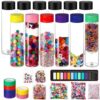 FoldTier 12 Set Calming Alphabet and Number Sensory Bottle Kit Include 13.5 oz Plastic Clear Container and Pom-pom Balls, Letters, numbers, Clay, Tape Calm Down Jar Filler for Holiday Supply