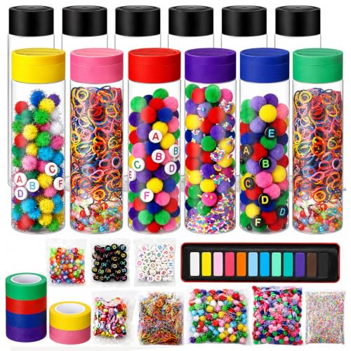 FoldTier 12 Set Calming Alphabet Sensory Bottle Kit Include 13.5 oz Plastic Clear Container and Pom-pom Balls, Letters, Clay, Rubber Band and Tape Calm Down Jar Filler for Holiday Supply