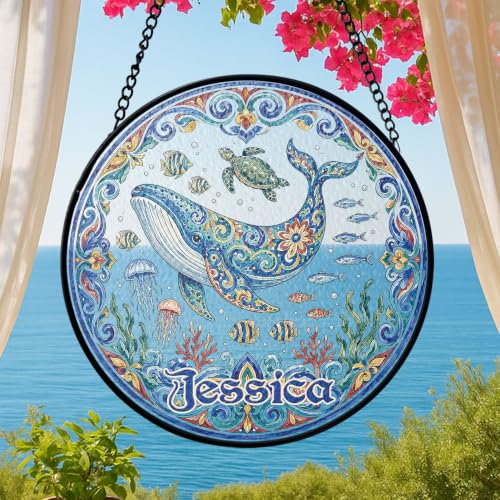 Folk Art Whale Stained Glass Suncatcher, Personalized Name Boho Home Decor, Lovely Whale Window Hanging, Gifts for Boys Girls, Folk Art Suncatcher with Boho Theme, Coastal Sun Catcher
