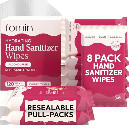 FOMIN Hand Sanitizer Wipes 8 Bags(15 Sheets)- Rose Sandalwood - Pull-Pack Wet Wipe - pH Balanced, Biodegradable On The Go Hand Sanitizing Wipes - Hypoallergenic, Plant-Based Travel Wipe