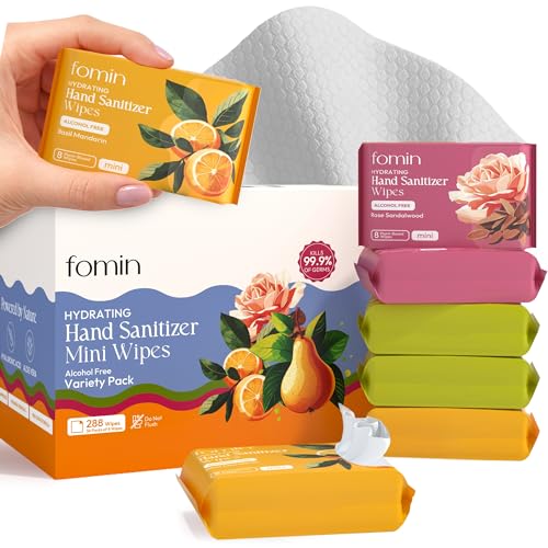 Fomin Mini Hand Sanitizer Wipes 36 Pack (8 Count) - Variety Pack Mini Wet Wipe - pH Balanced, Biodegradable On The Go Hand Sanitizing Wipes - Hypoallergenic, Plant-Based Travel Wipe