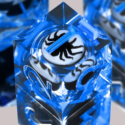 FONVGOGO Liquid Core Resin DND Dice Set, 7Pcs Sharp Edge Spider Polyhedral D and D Dice for Dungeons and Dragons Tabletop RPG (Blue)