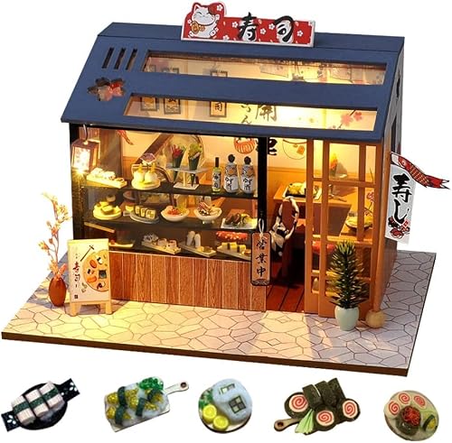 Food and Play Shop Series Dollhouse Kit,Assembled Toy Houses with Funiture Model Kits for Sushi Shop/Ice Cream Shops/Dessert Shop 3D Creative Birthday New Year DIY Gift Present (Sushi Shop)
