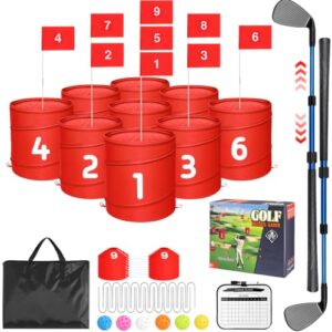FOOING 9 Hole Folding Bucket Golf Set – Outdoor Game for All Ages, Adults, Kids & Family – Play on Yards, Beach, Park, Backyard – Includes 2 Adjustable Clubs & 6 Pickleballs