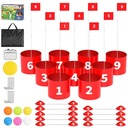 FOOING Golf Game, 9 Hole Yard Game for Adults Outdoor/Indoor, Durable Plastic Battle Backyard Golf Set with Balls, Flags & Frisbee – for Lawn, Beach, Camping, Park (Red, Large, No Clubs)