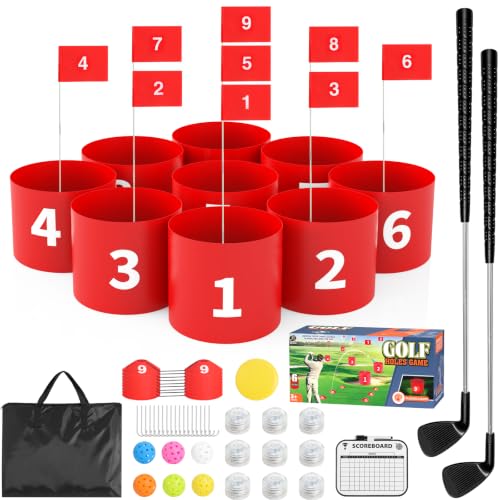 FOOING Golf Game LED with 2 Clubs – 9 Hole Practice Backyard Set for Adults & Family, Indoor/Outdoor Plastic Battle Yard Game with Balls, Flags – Perfect for Lawn, Beach, Camping, Park