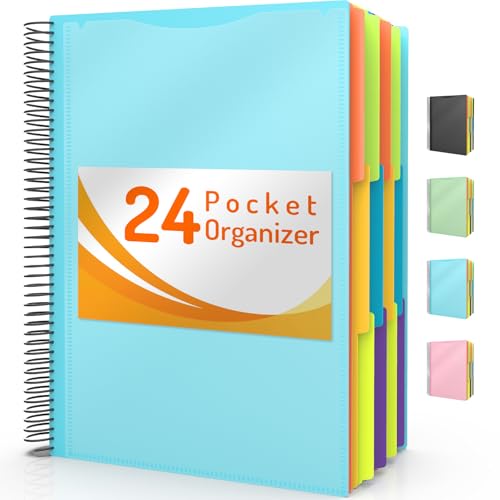 Forvencer 24 Pocket Project Organizer, 1/3-cut Tab Binder Organizer with Sticky Labels, Multi Pocket Folder with Zipper Pouch, Folder Binder Spiral Pocket Notebook, Office Supplies, Letter Size, Blue