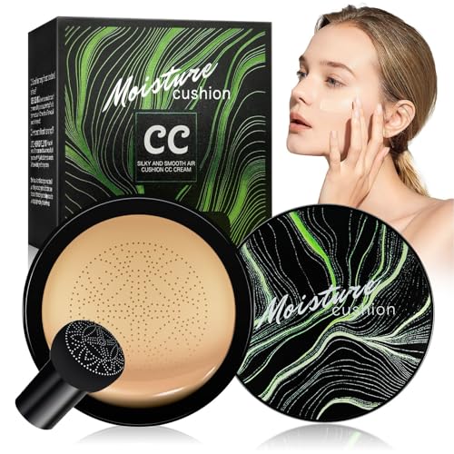 Foundation for Older Women - Mushroom Head Air Cushion CC Cream Foundation Makeup, Concealer Full Coverage Moisturizing BB Cream Brightening Matte Finish Tattoo Cover up Makeup (Buff Beige)