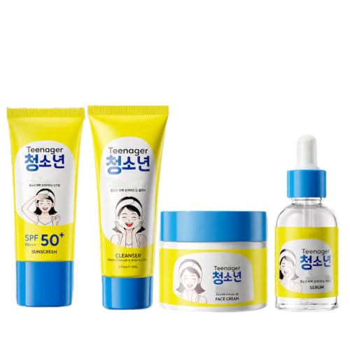 Four Step Teen Skincare Kit, Simple Skincare for Healthy Skin Sunscreen SPF 50+,Cleanser, Serum & Moisturizer Cream, Skincare Start Young Bundle - Travel Size Skincare Kit & Gift Set, Alcohol-Free