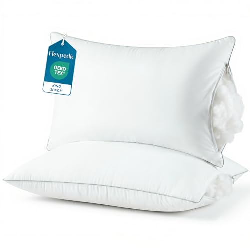 FP FLEXPEDIC King Soft Adjustable Pillows 2 Pack - Fluffy Bed Pillows for Sleeping, Down Alternative Fill, Zippered Plush Support, Hotel Quality, Oeko-TEX, Machine Washable, 110GSM Gray Piping