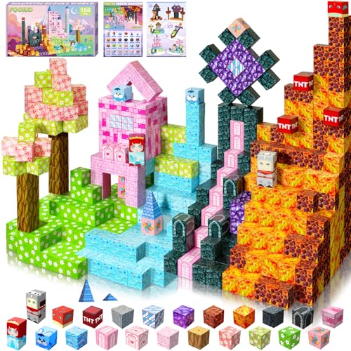 FQOIUD Magnetic Blocks - 150PCS Magnetic Building Blocks, STEM Constructions Magnet Blocks for Boys Girls Age 3 4 5 6 7 8 9 10, Sensory Stacking Toy Christmas Birthday Gifts for Kids