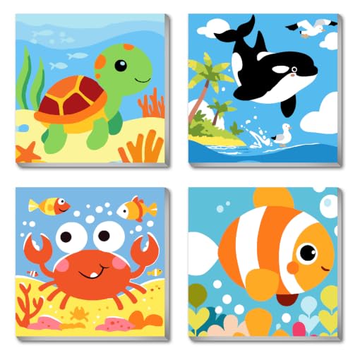 FQOVKYN 4 Pack Paint by Numbers Kit for Kids with Frame, Cute Marine Animals Kids Paint by Numbers Ages 4-6-8, Easy DIY Acrylic Oil Painting by Number for Gift Home Wall Decor(8x8 inch)