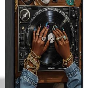 Framed Black Woman Fashion Music Canvas Wall Art Trendy African American Painting Picture Wall Decor Abstract Black Girl Record Aesthetic Print Artwork for Bedroom Girls Room Home Decoration 12x16in