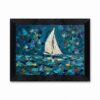 Framed Canvas Wall Art Abstract Sailboat Deep Teal Navy White Textured Impasto Canvas Print Poster Black Frame Wall Decor for Living Room Bedroom Nautical Art, Coastal Decor - Inch 12x16