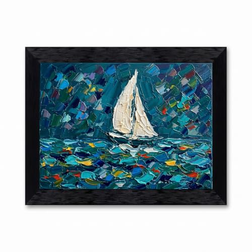Framed Canvas Wall Art Abstract Sailboat Deep Teal Navy White Textured Impasto Canvas Print Poster Black Frame Wall Decor for Living Room Bedroom Nautical Art, Coastal Decor - Inch 12x16