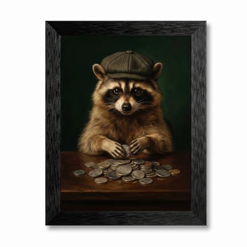 Framed Canvas Wall Art Classical Noir Raccoon Newsboy Cap Counting Silver Coins Warm Amber Ginger Forest Green Canvas Print Poster Black Frame Wall Decor for Office Lounge Moody Art, Inch 12x16