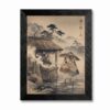 Framed Canvas Wall Art Edo Ink Wash Umbrella Spirits and Street Vendor Sepia Rainy Twilight Canvas Print Poster Black Frame Wall Decor for Living Room Office, Japanese Folklore - Inch 16x20
