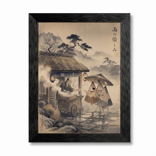 Framed Canvas Wall Art Edo Ink Wash Umbrella Spirits and Street Vendor Sepia Rainy Twilight Canvas Print Poster Black Frame Wall Decor for Living Room Office, Japanese Folklore - Inch 16x20