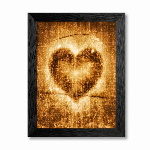 Framed Canvas Wall Art Ethereal Radiant Heart Amber and Gold Scratched Texture Canvas Print Poster Black Frame Wall Decor for Living Room Office Spiritual Art, Modern Decor - Inch 8x10