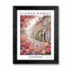 Framed Canvas Wall Art Gouache London Flower Market Pink Roses Pastel Mews Street Canvas Print Poster Black Frame Wall Decor for Living Room Bedroom European Art, Shabby Chic Decor - Inch 12x16