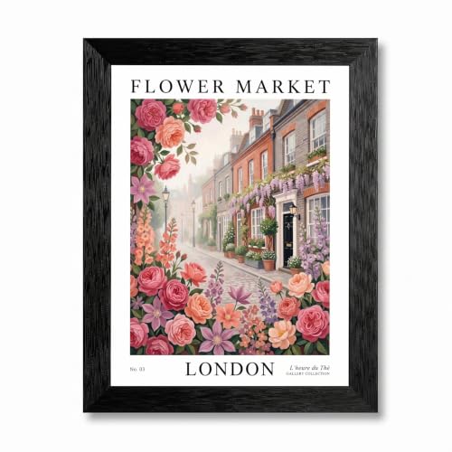 Framed Canvas Wall Art Gouache London Flower Market Pink Roses Pastel Mews Street Canvas Print Poster Black Frame Wall Decor for Living Room Bedroom European Art, Shabby Chic Decor - Inch 12x16