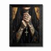 Framed Canvas Wall Art Gritty Oil Painting Tattooed Hands with Rosary Gothic Religious Subculture Canvas Print Poster Black Frame Wall Decor for Studio, Street Style Art, Dark Decor - Inch 8x10