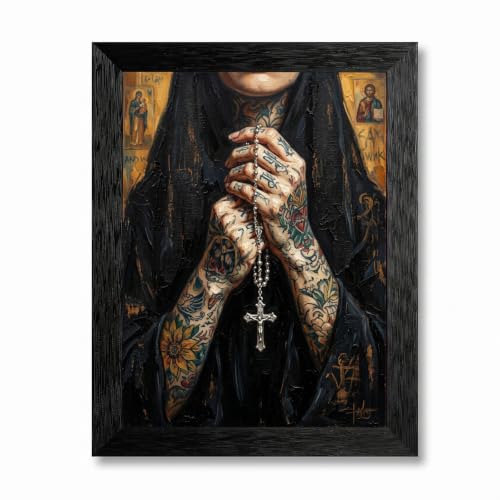 Framed Canvas Wall Art Gritty Oil Painting Tattooed Hands with Rosary Gothic Religious Subculture Canvas Print Poster Black Frame Wall Decor for Studio, Street Style Art, Dark Decor - Inch 8x10