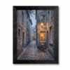 Framed Canvas Wall Art Impressionist Alleyway Bistro Warm Golden and Cool Blue Twilight Canvas Print Poster Black Frame Wall Decor for Living Room, European Street Art, Romantic Decor - Inch 24x36