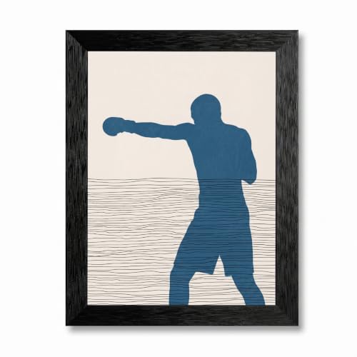 Framed Canvas Wall Art Minimalist Graphic Boxer Athlete Blue Silhouette on Cream with Wavy Lines Canvas Print Poster Black Frame Wall Decor for Gym Home Office Boxing Motivation, Modern - Inch 8x10