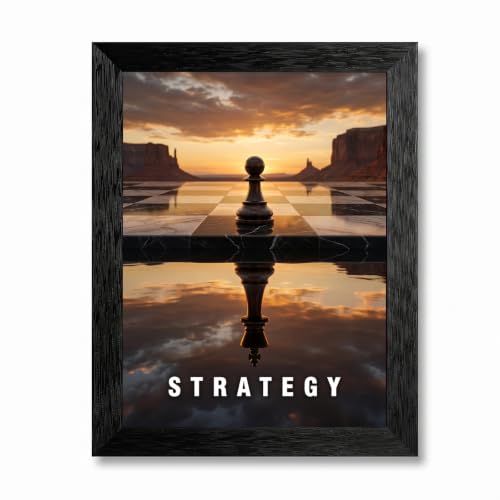Framed Canvas Wall Art Modern Chess Strategy Pawn to King Monochrome Accents Gold Hour Lighting Canvas Print Poster Black Frame Wall Decor for Office Study Motivational, Business Art - Inch 16x20