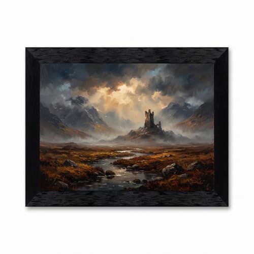 Framed Canvas Wall Art Romanticist Medieval Tower Ruins Earth Tones Misty Hill Impasto Canvas Print Poster Black Frame Wall Decor for Living Room Office Giclee Print, Fine Art - Inch 16x20