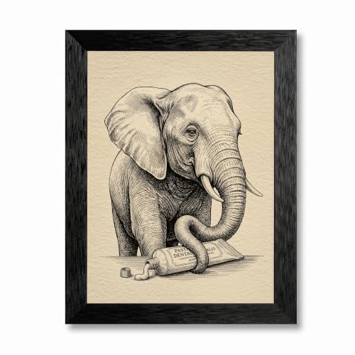 Framed Canvas Wall Art Scientific Sketch Elephant with Toothpaste Pen and Ink Cross-Hatching Canvas Print Poster Black Frame Wall Decor for Bathroom Office Quirky, Vintage Sketch - Inch 24x36