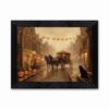 Framed Canvas Wall Art Vintage Horse-Drawn Carriage Victorian Street Sepia Amber Pumpkins Black Cat Canvas Print Poster Black Frame Wall Decor for Living Room Bedroom Autumn Decor, Inch 16x20