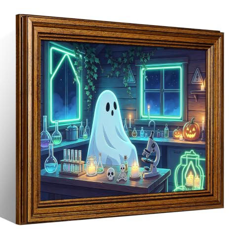 Framed Halloween Wall Art Cute Ghost Doing Magic Science Experiments Microscope Skull Potion Jars Neon Cabin Lab Canvas Print For Craft Room Wall Art 12X16 in Vintage Black Framed